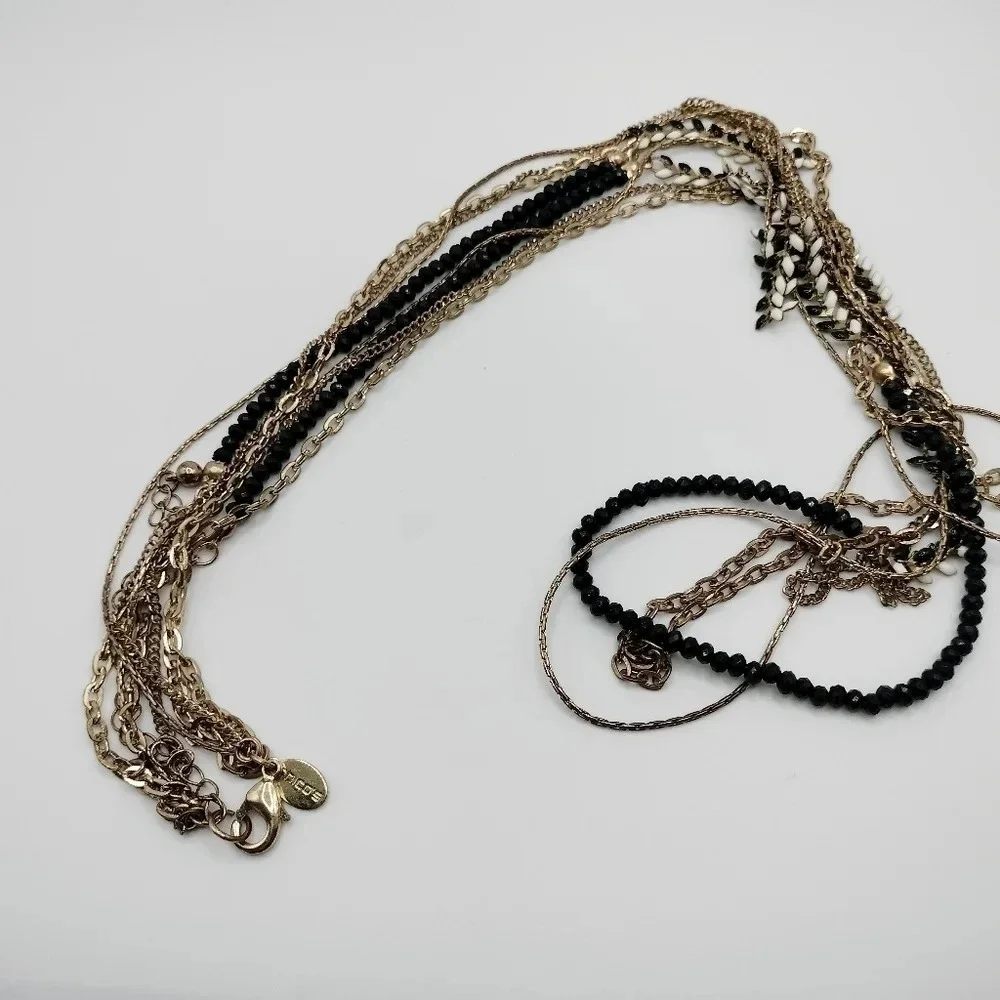 Chico's Gold Black White Gold Multi Strand Beaded Boho Statement Necklace 38